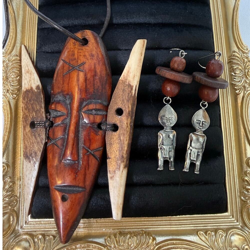 Vintage Tribal Mask Pendant Necklace & Earrings Set Artisan African Jewelry